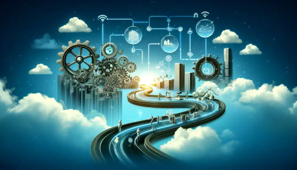 B2B Sales Process Optimization Concept with Gears, Data Points, and Streamlined Path