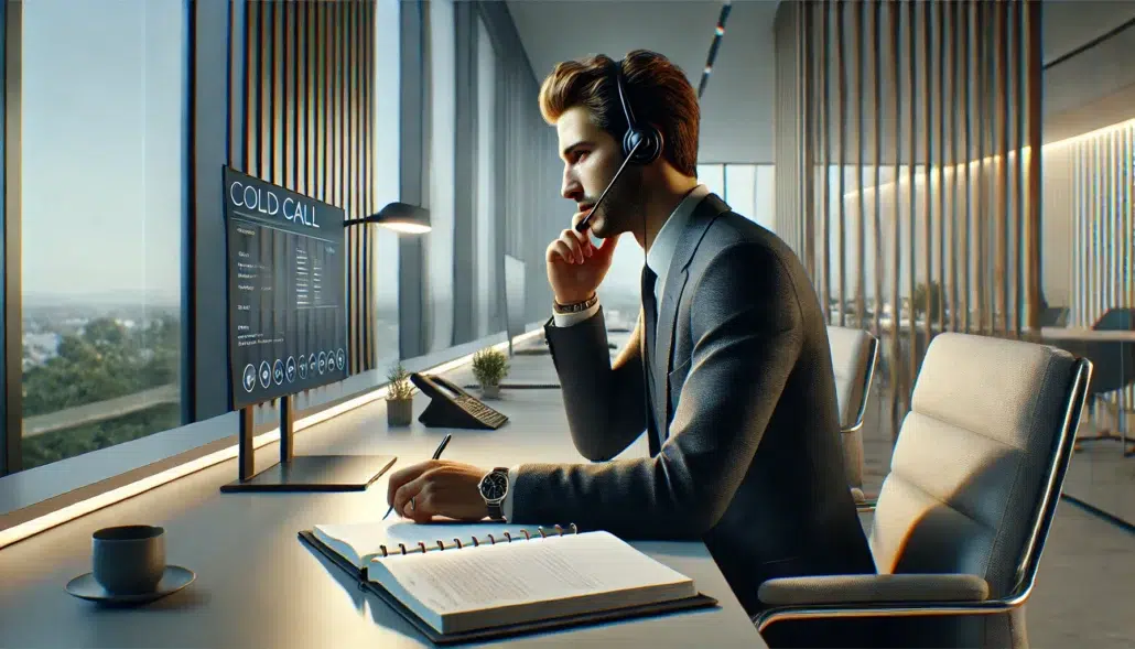 Side view of a business consultant conducting a cold call in a modern office, wearing a headset and taking notes in a notebook. The sleek computer display and professional workspace highlight strategy, preparation, and effective communication in sales prospecting.