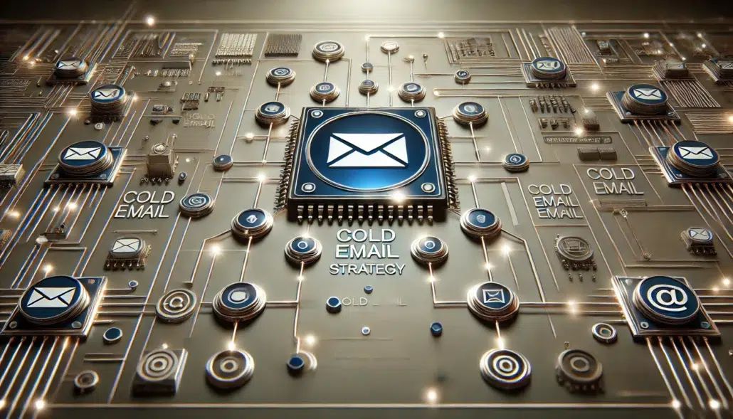Visualization of a cold email strategy as a glowing computer chip, featuring a central email icon surrounded by interconnected circuits and nodes. Highlights automation, personalization, and scalability in lead generation."