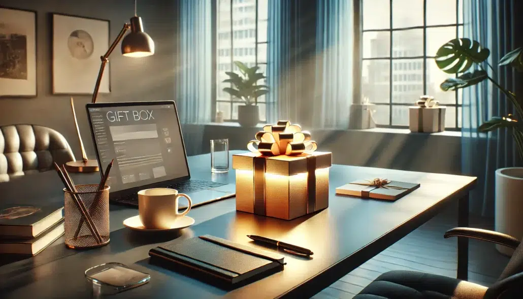 A glowing gift box placed on a modern desk in a professional office setting, surrounded by a laptop, notebook, pen, and coffee cup. Sunlight streams through large windows, creating a warm, sophisticated atmosphere that highlights personalization and thoughtfulness.