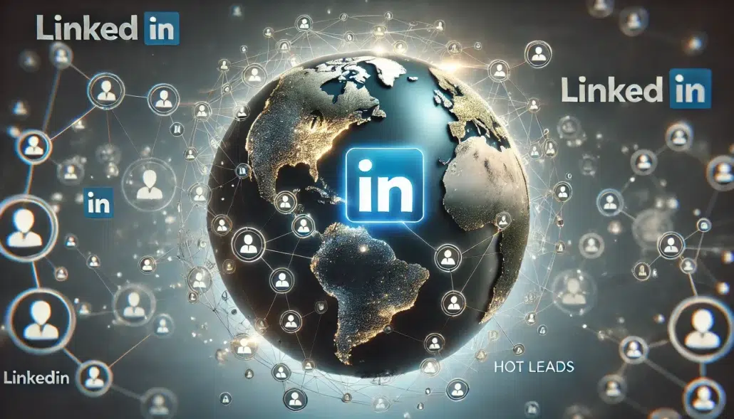 Visual representation of a LinkedIn prospecting system as a glowing globe, highlighting professional networking, referrals, and lead generation with the Americas prominently displayed. A glowing LinkedIn logo emphasizes global connectivity.