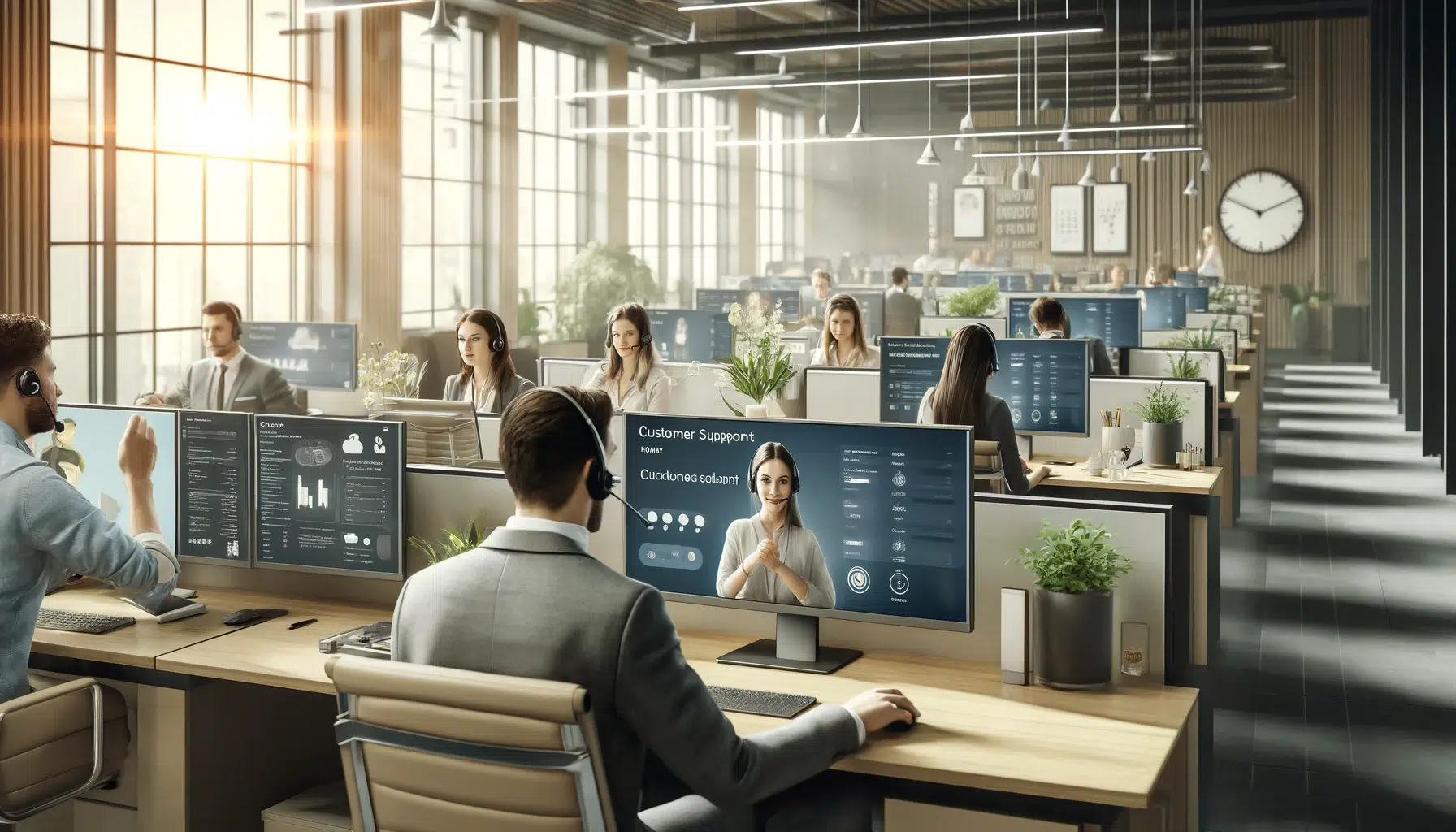 A bright and collaborative office environment featuring multiple customer support agents wearing headsets, seated at sleek desks with screens displaying video calls, customer data, and live chat tools. The setting includes clean dividers, natural light streaming through large windows, and modern decor such as plants and motivational elements.
